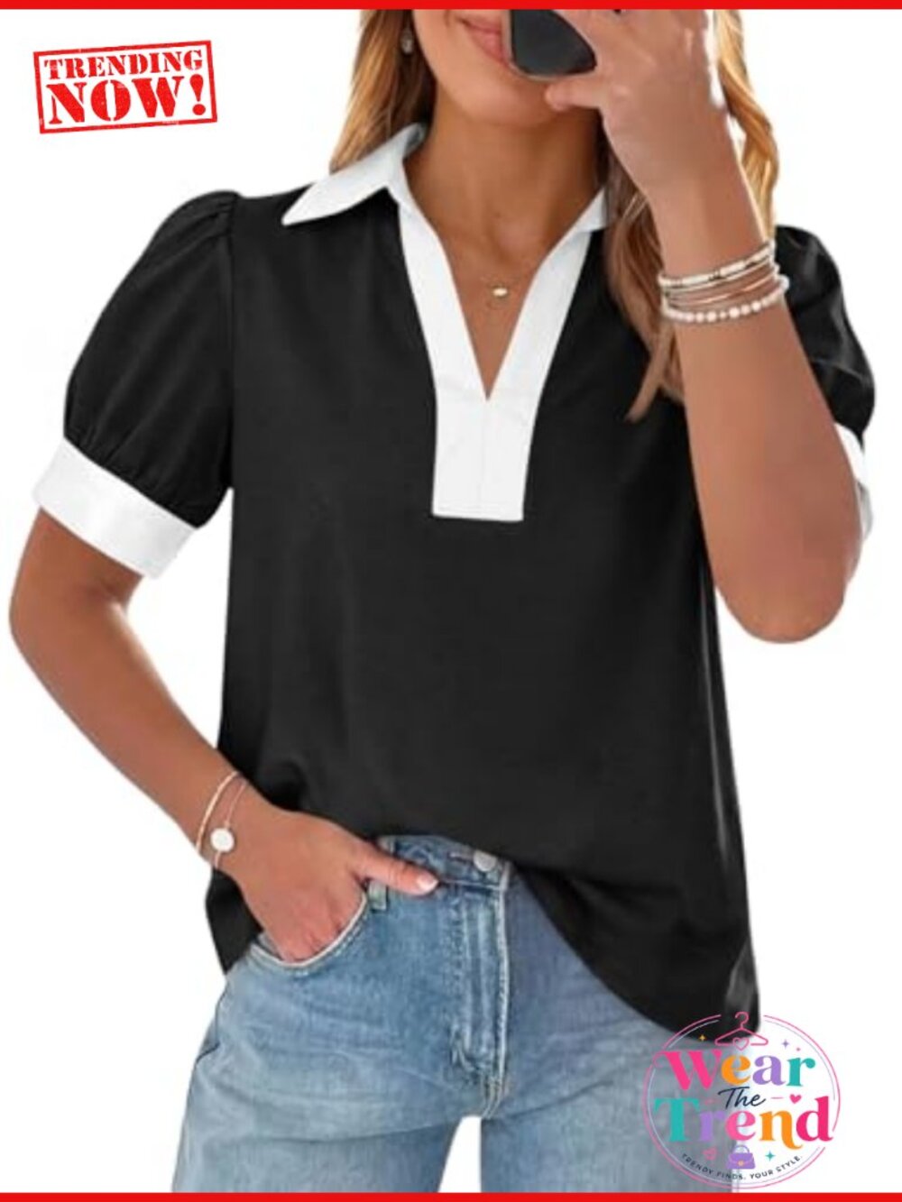 Womens Short Puff Sleeve V Neck Polo Blouse Loose Fit Summer Top